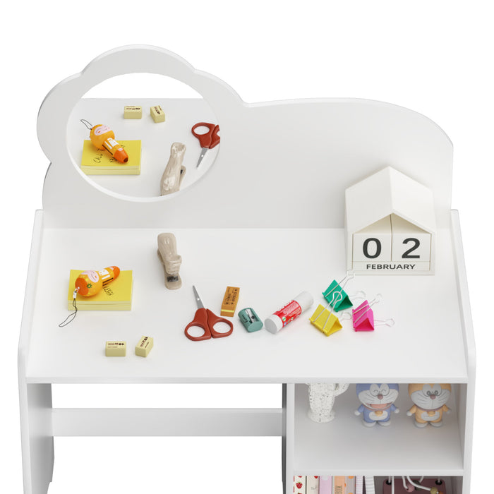 Kids Vanity Table With Mirror And Chair, Dressing Makeup Desk With Storage Shelves - White
