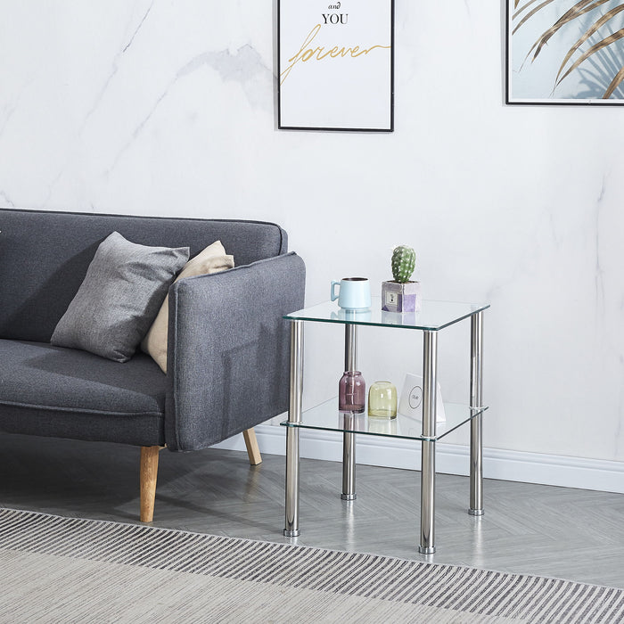 Modern 2 Piece Side Table With Storage Shelf, Tempered Glass, Space Saving Design - Clear