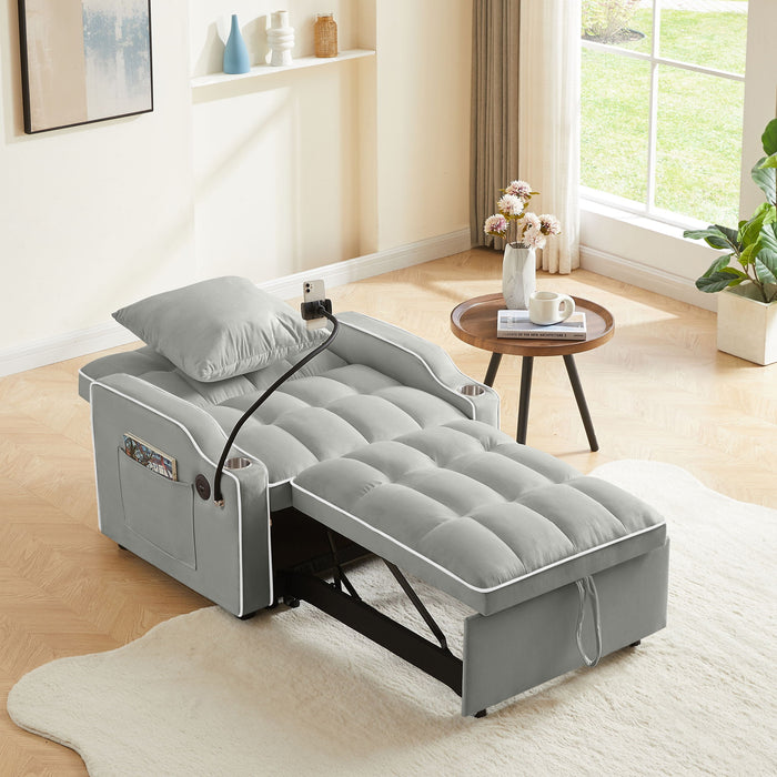 Convertible Velvet 3 In 1 Sofa Bed With Adjustable Sleeper Chair And Multi Pockets