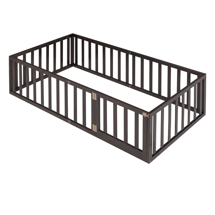 Twin Size Floor Bed Frame With Fence And Door - Walnut