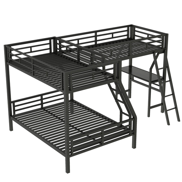 Twin Over Full Bunk Bed With Loft And Desk, L-Shaped Design For 3 Sleepers - Black