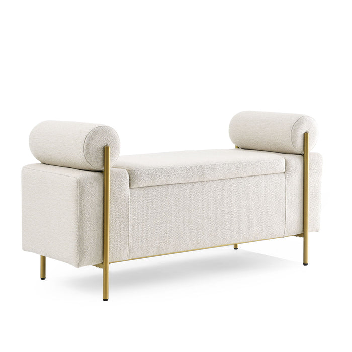 Elegant Upholstered Linen Storage Bench With Cylindrical Arms And Iron Legs, White