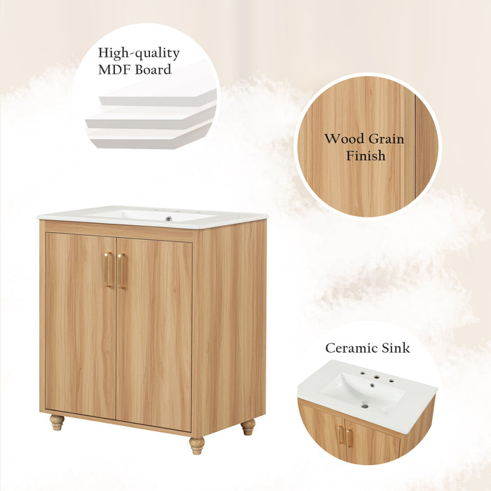 30" Bathroom Vanity With Sink Combo, Multi - Functional Bathroom Cabinet With Doors And Drawer, MDF Board, Natural