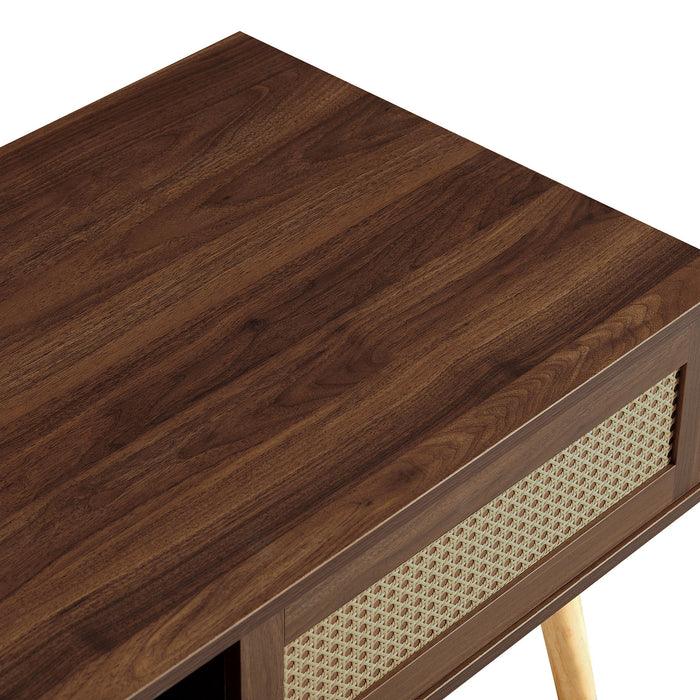 41.34" Rattan Coffee Table, Sliding Door For Storage, Solid Wood Legs, Modern Table For Living Room