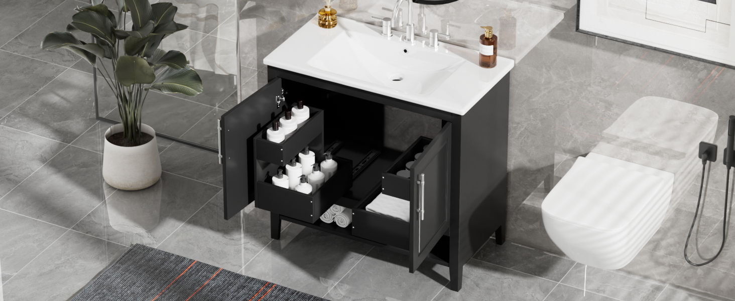 Bathroom Vanity With Sink, Multi - Functional Bathroom Cabinet With Doors And Drawers, MDF Frame And MDF Board, Black