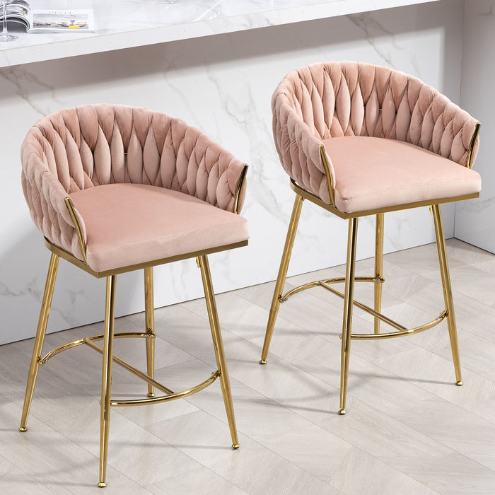 Counter Height Bar Stools Kitchen Island Counter Bar Stool With Hand - Wave Back, Golden Chromed Base And Footrest (Set of 2) - Pink
