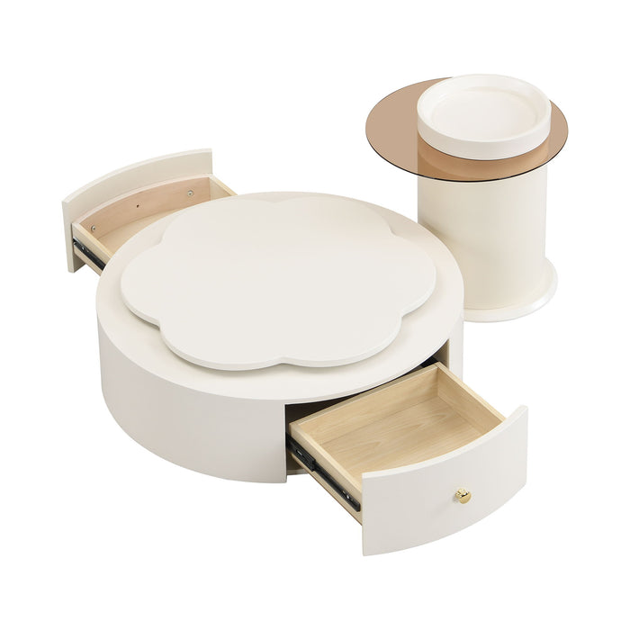Modern Round Coffee Table (Set of 2), 360 Degree Rotatable Flower Shaped Top With 2 Drawers, Top Circle Side Table End Table With Glass For Living Room - Off White