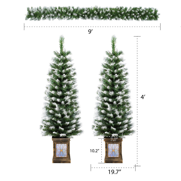 Artificial Christmas 3 Piece Set Wreath And 2 Entrance Trees With LED Lights - White / Green