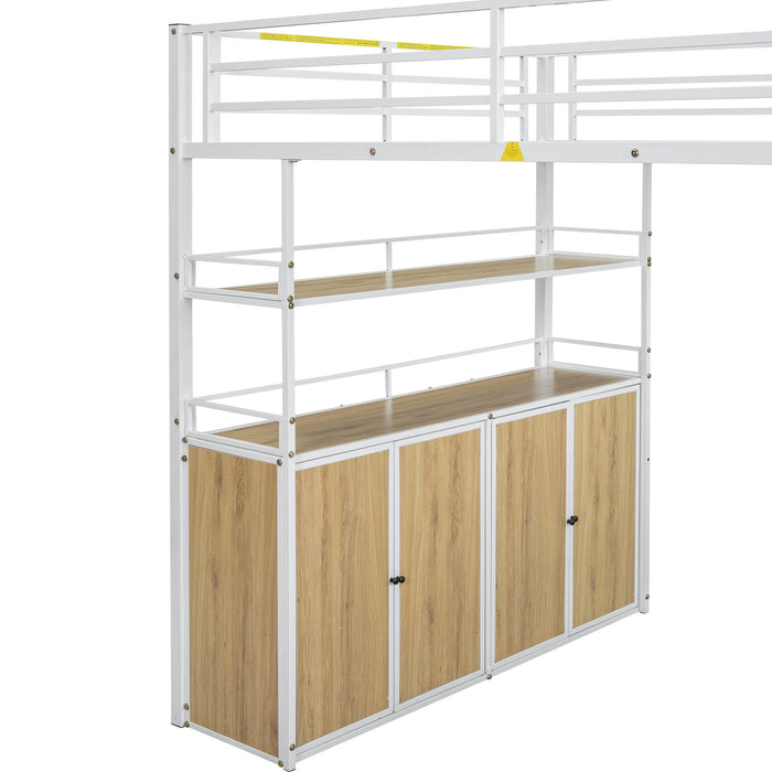 Full Size Loft Bed With Storage Staircase, Wardrobe, Shelves, And Lockers Natural Mdf Details - White / Natural