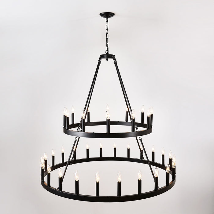 2 Tiers Wagon Wheel Chandelier Wooden Farmhouse 36 Light (24 / 12) Or (12 / 24) Metal Chandeliers 2 Story Light Fixtures Industrial For High Ceiling Living Dining Room Foyer, Adjustable Height - Black