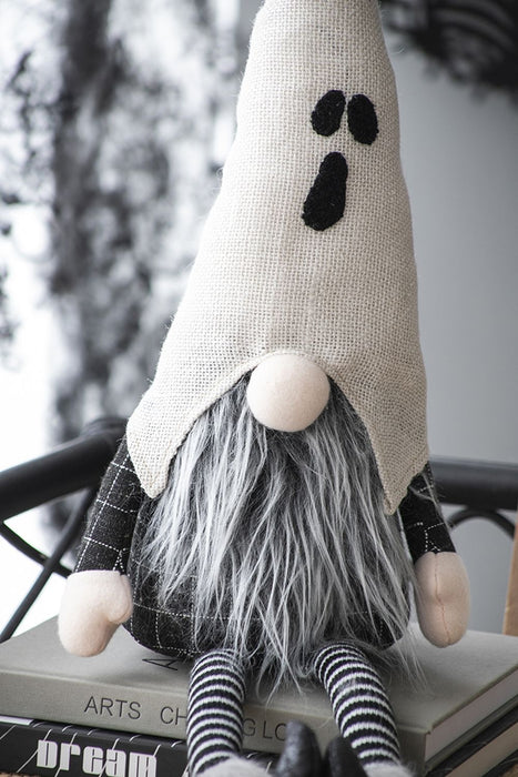 Sitting Gnome With Ghost Hat, For Halloween Decor - Black White