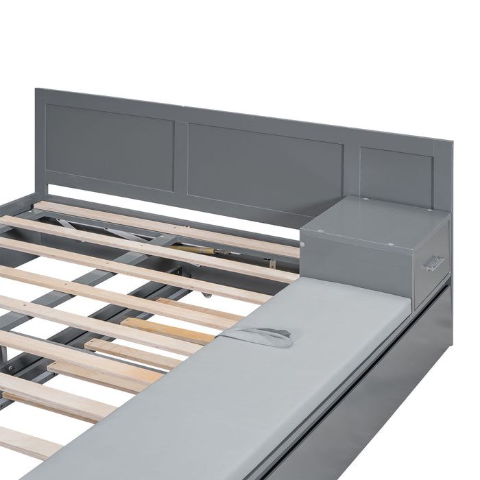 Full Size Wood Storage Hydraulic Platform Bed With Twin Size Trundle, Side Table And Lounge, Gray