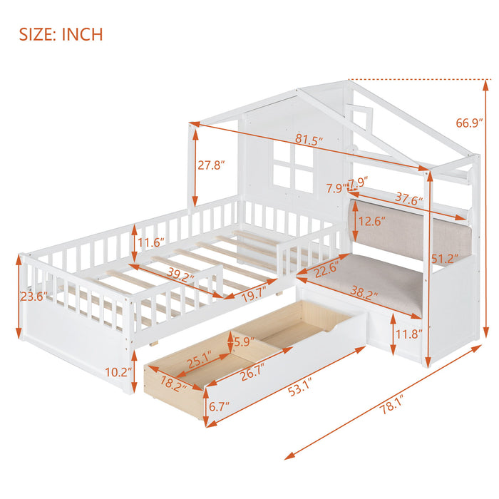 House Bed With Sofa, Kids Platform Bed With 2 Drawers And Storage Shelf
