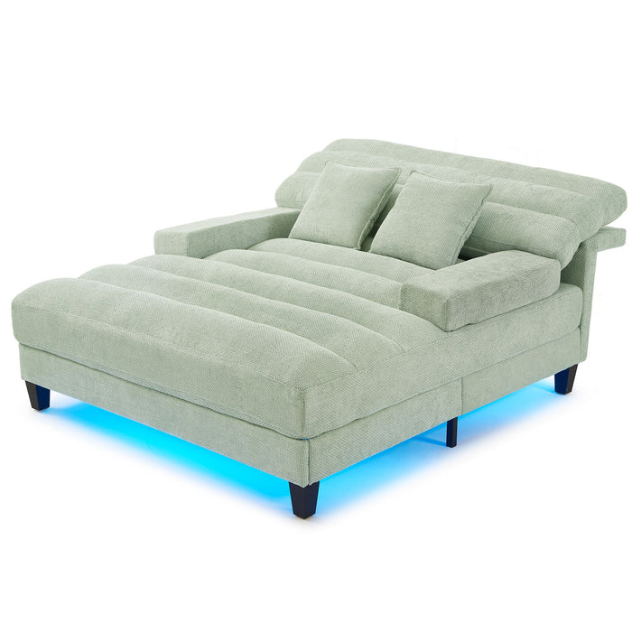 Chaise Bed Lounge Sofa Chair With Adjustable Backrest And LED Light Strip - Green