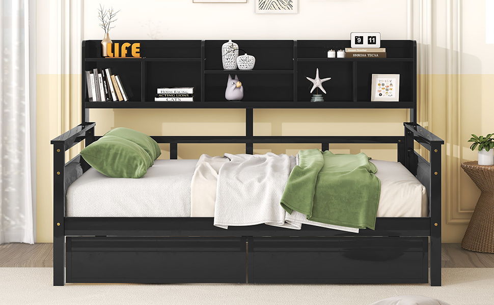 Daybed, Wood Slat Support, With Bedside Shelves And Two Drawers