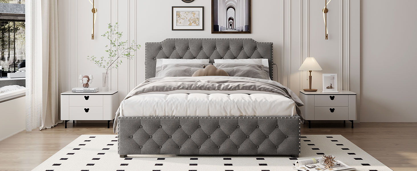 Upholstered Platform Bed With Trundle And 2 Sets Of USB Ports On Each Side, Linen Fabric