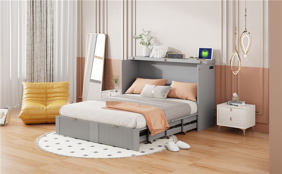 Murphy Bed With Drawer And A Set Of Sockets & USB Ports, Pulley Structure Design