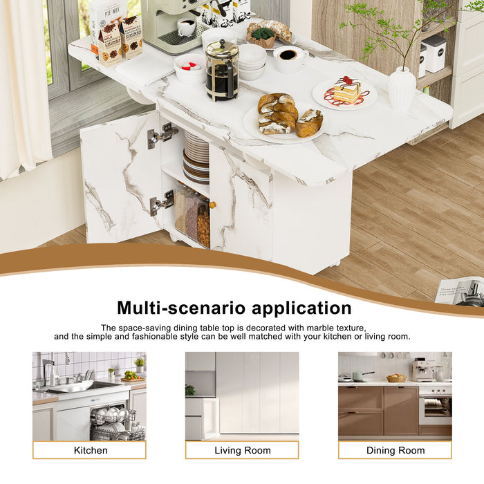 Versatile Marble Folding Dining Table With Storage Rack And Cabinet, 6 Wheels - White