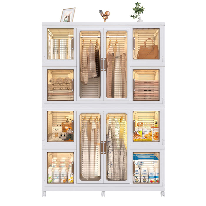 Portable Wardrobe Closet Storage Organizer For Clothes With Magnetic Doors, 12 Cubes & 2 Hanging Rods - White