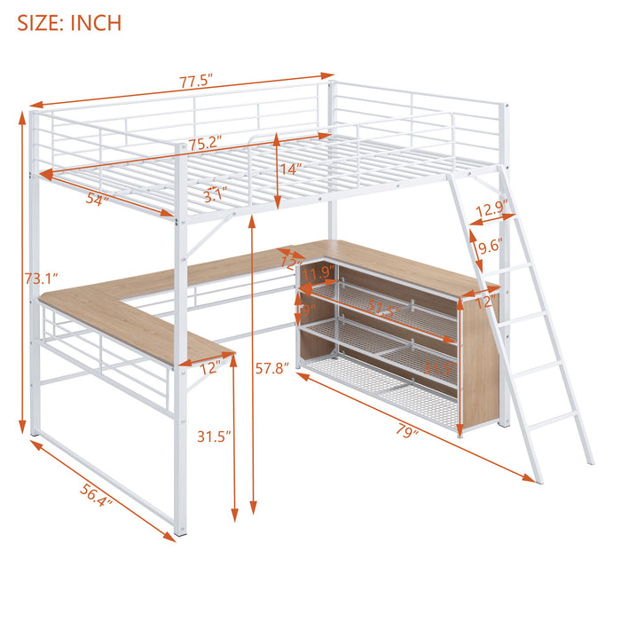 Loft Bed & 3 Layers Of Shelves And L-Shaped Desk