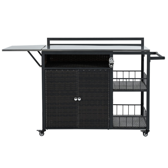 Outdoor Kitchen Island With Storage, Cooking Station, Grill Cart, Foldable Tabletop, And Bottle Opener - Dark Brown