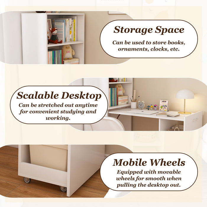 Stretchable Office Desk With Storage Shelves And Mobile Wheels