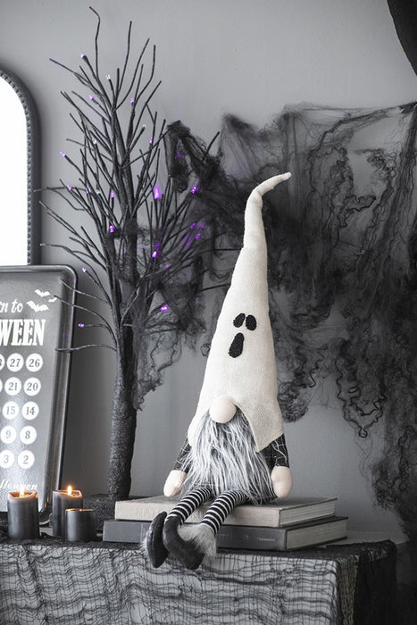 Sitting Gnome With Ghost Hat, For Halloween Decor - Black White