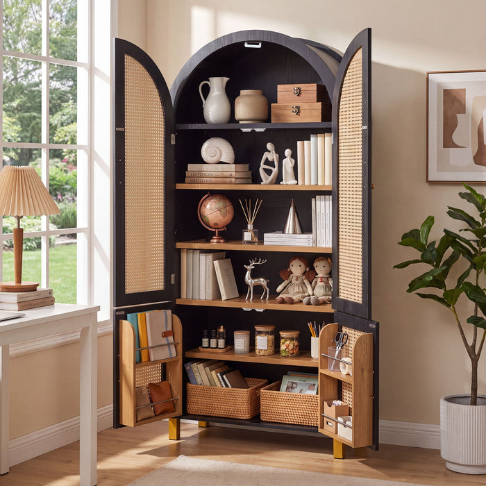 Tall Arched Cabinet With Rattan Doors & Adjustable Shelves