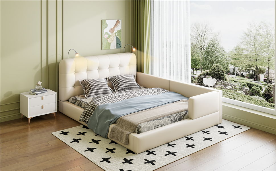 Queen Size Upholstered Platform Bed With 2 Reading Lights - White