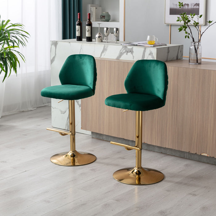 Swivel Bar Stools Chair (Set of 2) Modern Adjustable Counter Height Bar Stools, Velvet Upholstered Stool With Tufted High Back & Ring Pull For Kitchen, Chrome Golden Base, Green