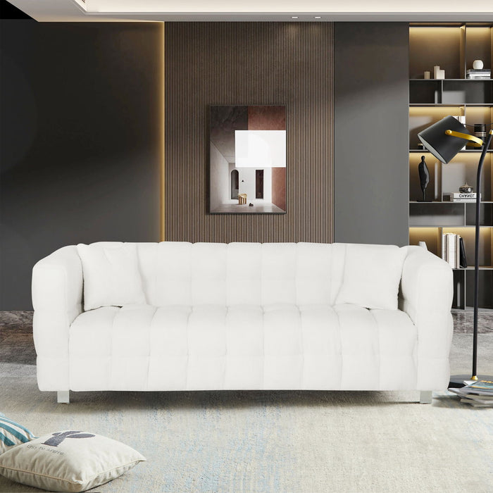 Beige White And Teddy Plush Sofa Discharge In Living Room Bedroom With Two Throw Pillows Hardware Foot Support