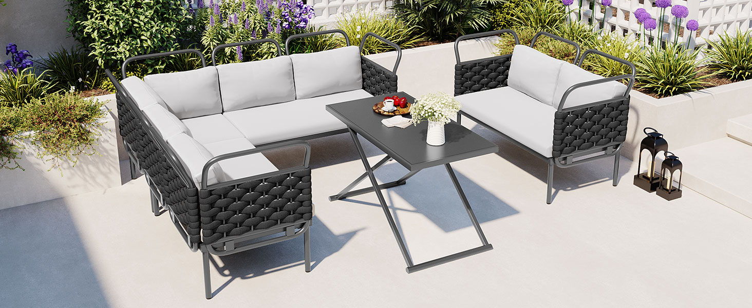 Topmax 5 Piece Modern Patio Sectional Sofa Set Outdoor Woven Rope Furniture Set With Glass Table And Cushions, Black / Gray