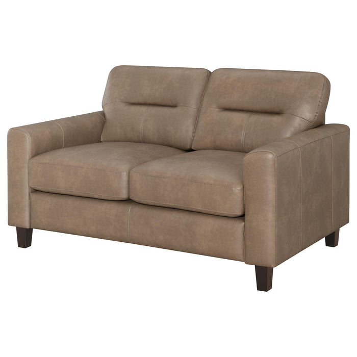 Scotland Faux Leather Upholstered Track Arm Loveseat Brown
