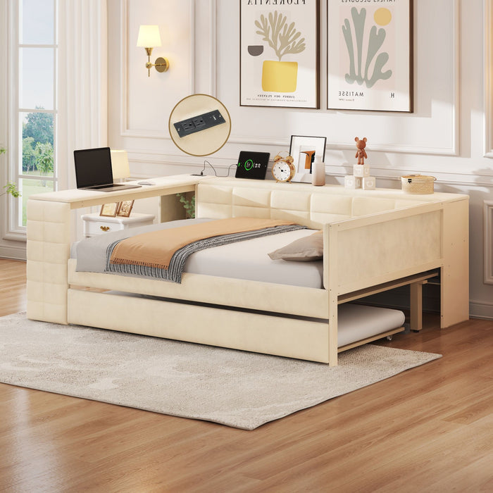 Upholstered Platform Bed With Storage Shelves, Desk, Charging Station And Trundle