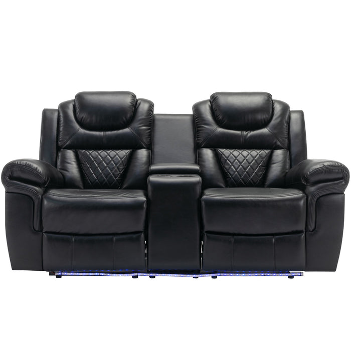 3 Pieces Recliner Sofa Sets Home Theater Seating Manual Recliner Chair With Center Console And LED Light Strip For Living Room