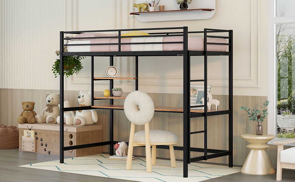 Twin Loft Bed With Desk And Shelve - Black