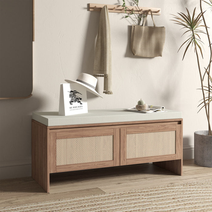 Storage Bench With Cushion, Shoe Cabinet With 2 Doors - Antique Natural / Rattan