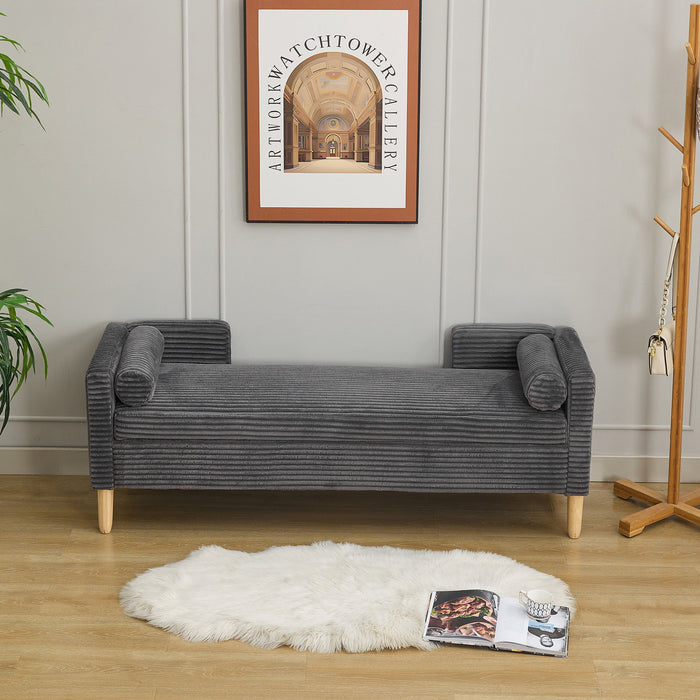 Wide Corduroy Storage Soft Bench With Armrests, Backrest And Two Bolster Pillows