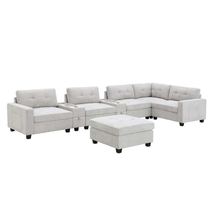 Sectional With Acrylic Table Top U Shaped Couch Set With 2 Consoles USB Charger, Storage Drawers And Pockets Movable Ottoman Tufted Sofa