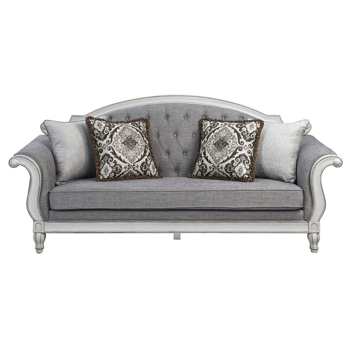 Acme Florian Sofa With 4 Pillows, Gray Fabric & Antique White Finish