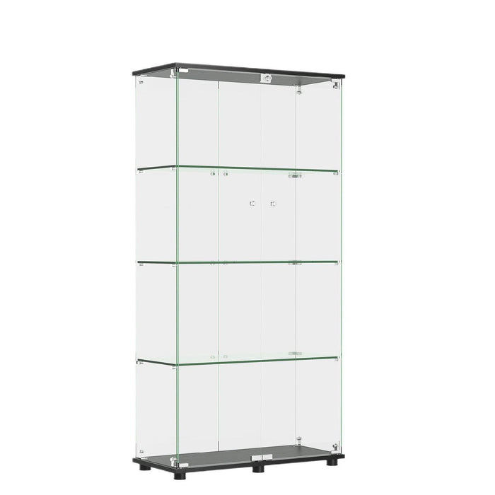 Modern Glass Display Cabinet With 4 Shelf Double Doors And Lock, Tempered Glass Bookshelf For Living Room - Black