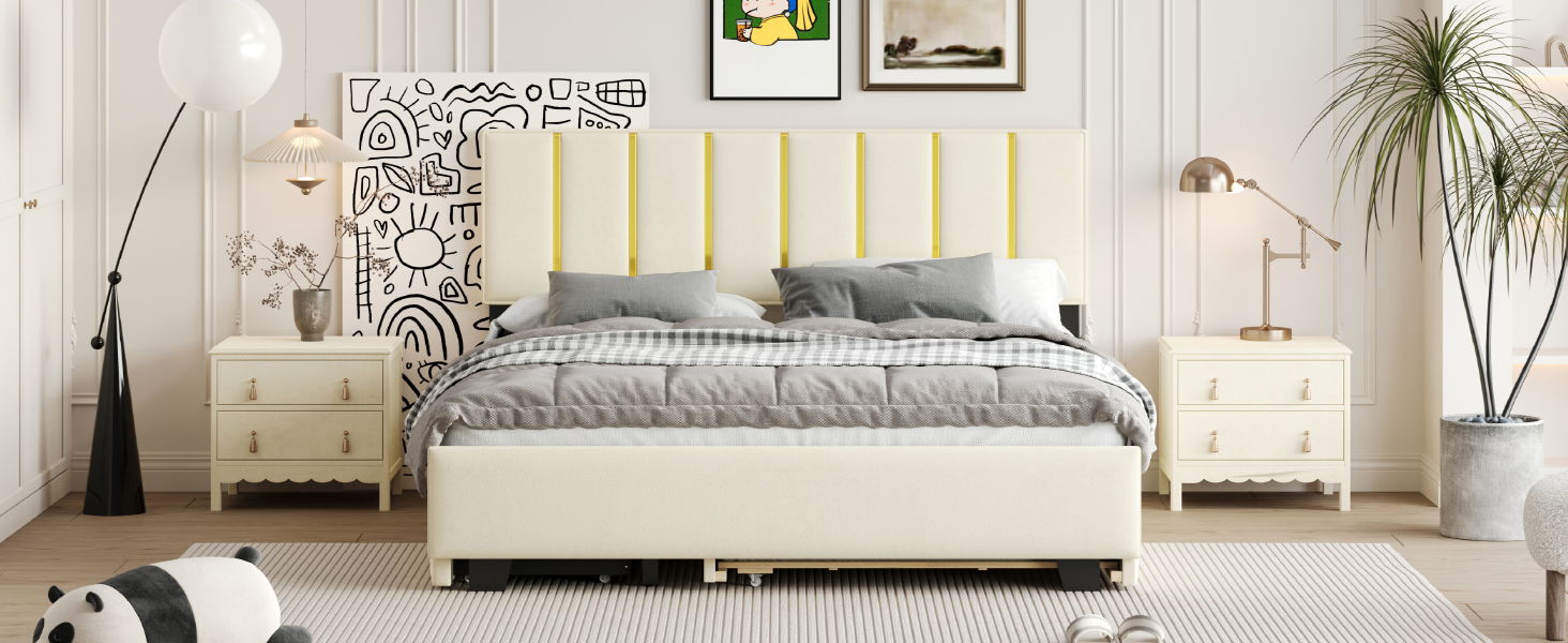 Upholstered Platform Bed With 2 Drawers And 1 Trundle, Classic Strip Headboard Design