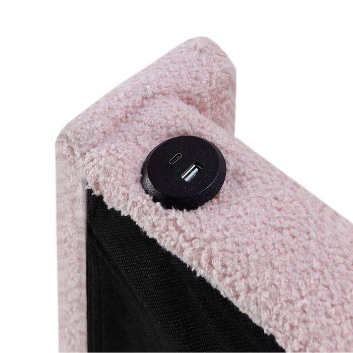 Twin Size Upholstered Bed Frame With Trundle Bed, Teddy Fabric, USB Functionality, And A Pocket Design On The Side Of The Headboard For Storing Small Items - Baby Pink