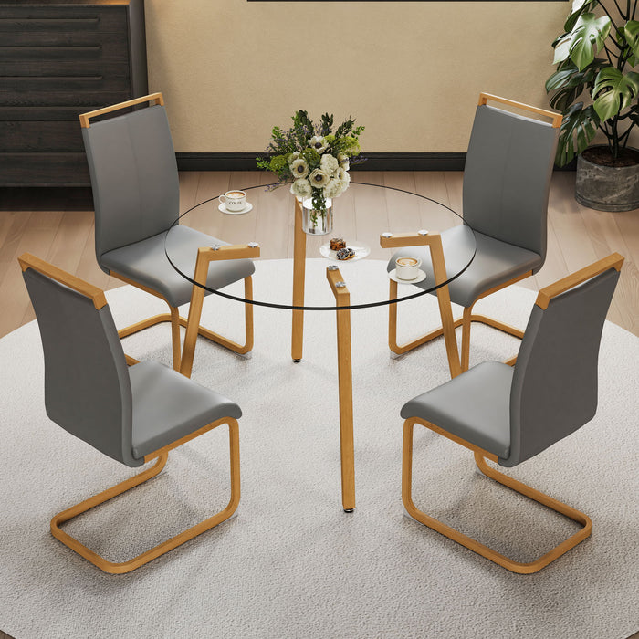 1 Modern Minimalist Style Circular Transparent Tempered Glass Dining Table, 4 Modern PU Leather High Backrest Cushioned Side Chairs, With Wooden C-Shaped Tube Chrome Metal Legs C - 1162 Drt - 1123