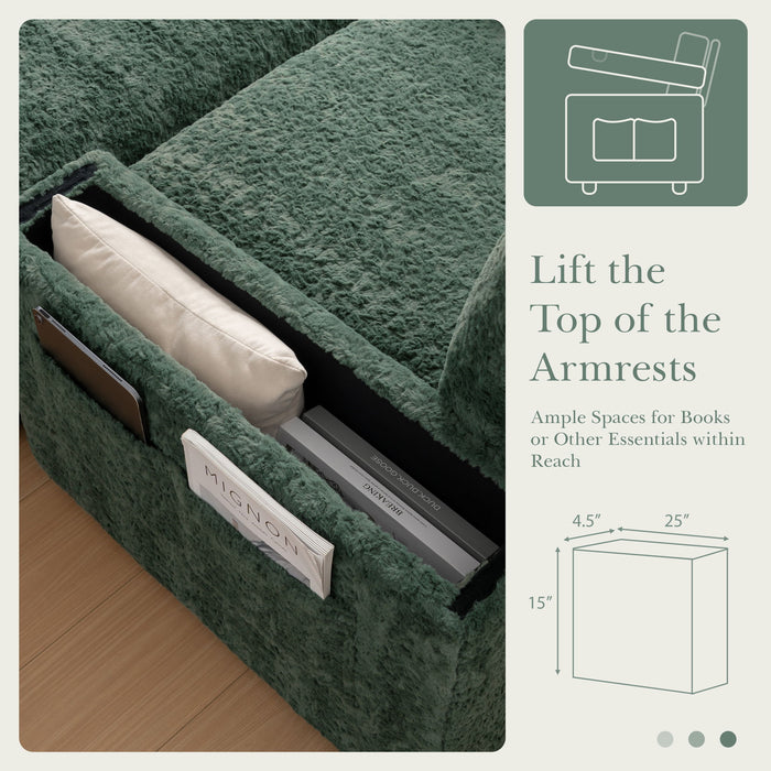 Oversized Chaise Lounge Indoor Rabbit Fur Sofa Bed With Storage Ottoman And Armrests Cup Holders With Deep Seat