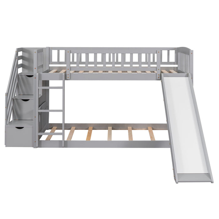 Twin Over Twin Bunk Stairway Bed With 2 Drawers And Slide - Gray