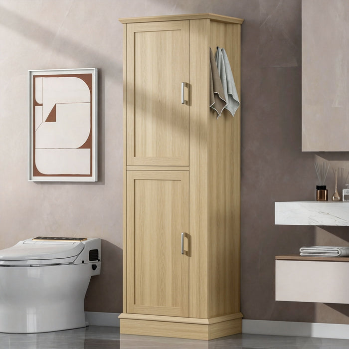 Tall Freestanding Bathroom Storage Cabinet With Adjustable Shelves And Side Hooks