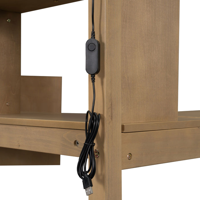 Loft Bed With Built In L Shaped Desk, LED Lights, Storage Shelves, Cabinets, And Staircase