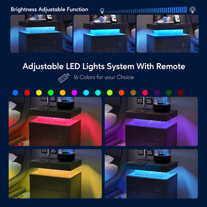 Nightstand LED, Bedside Table Cabinet With 2 Drawers For Bedroom