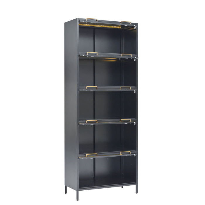 Modern Steel Display Cabinet With Glass Doors And LED Lights, 5 Tier Steel Barrister Bookcase For Home Or Office - Black